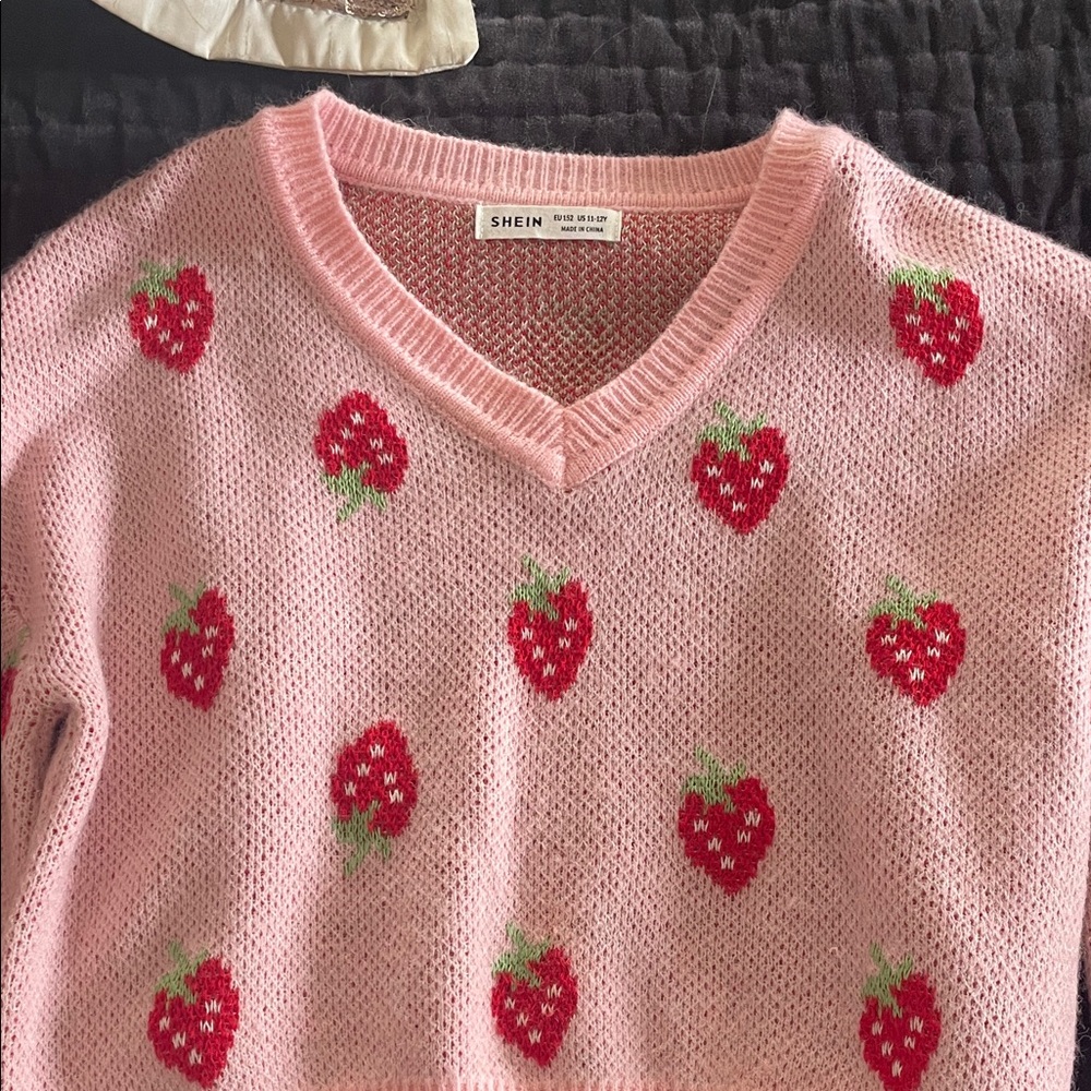 SHEIN Pink V-Neck Sweater with Strawberry Design